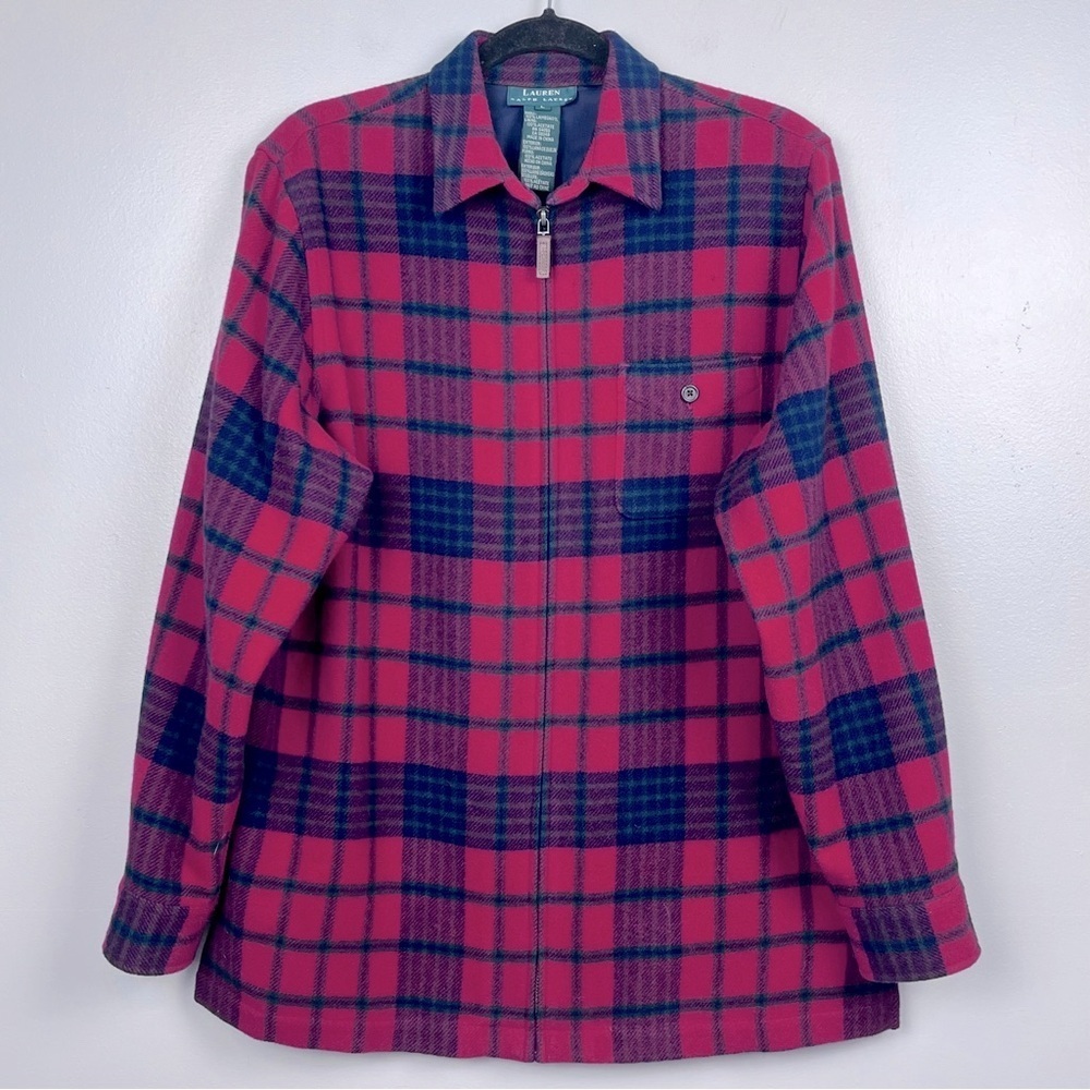 Lauren Ralph Lauren Women's 100% Lambs Wool Plaid Full Zip Jacket Size L; Luxury